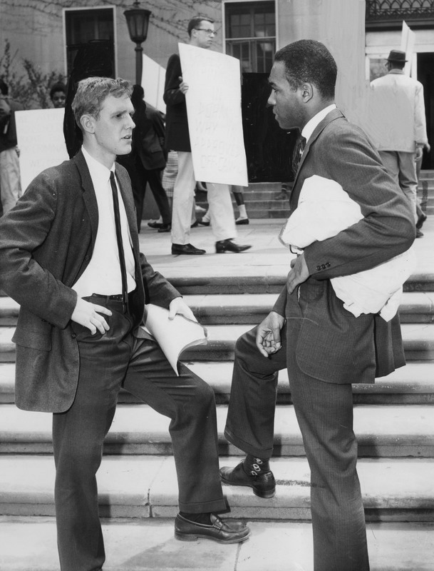 Cleveland Press photo of Buhl (left) and Hearn (right) at fair housing demonstration. 