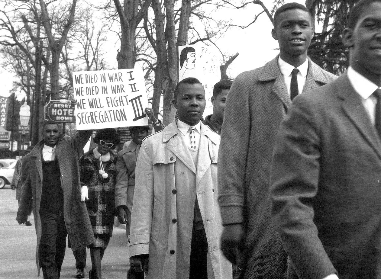 Freedom marchers in downtown Orangeburg, Aug. 23, 1963. Williams. Freedom & Justice, page 210