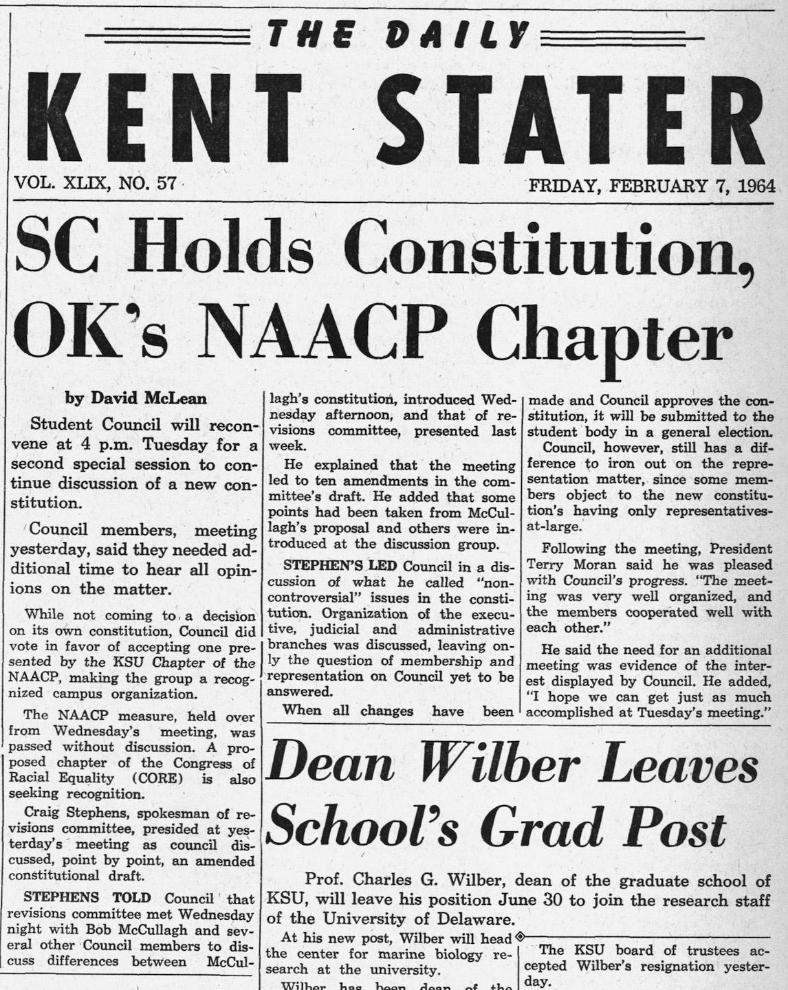 Daily Kent Stater, February 7, 1964, page 1.