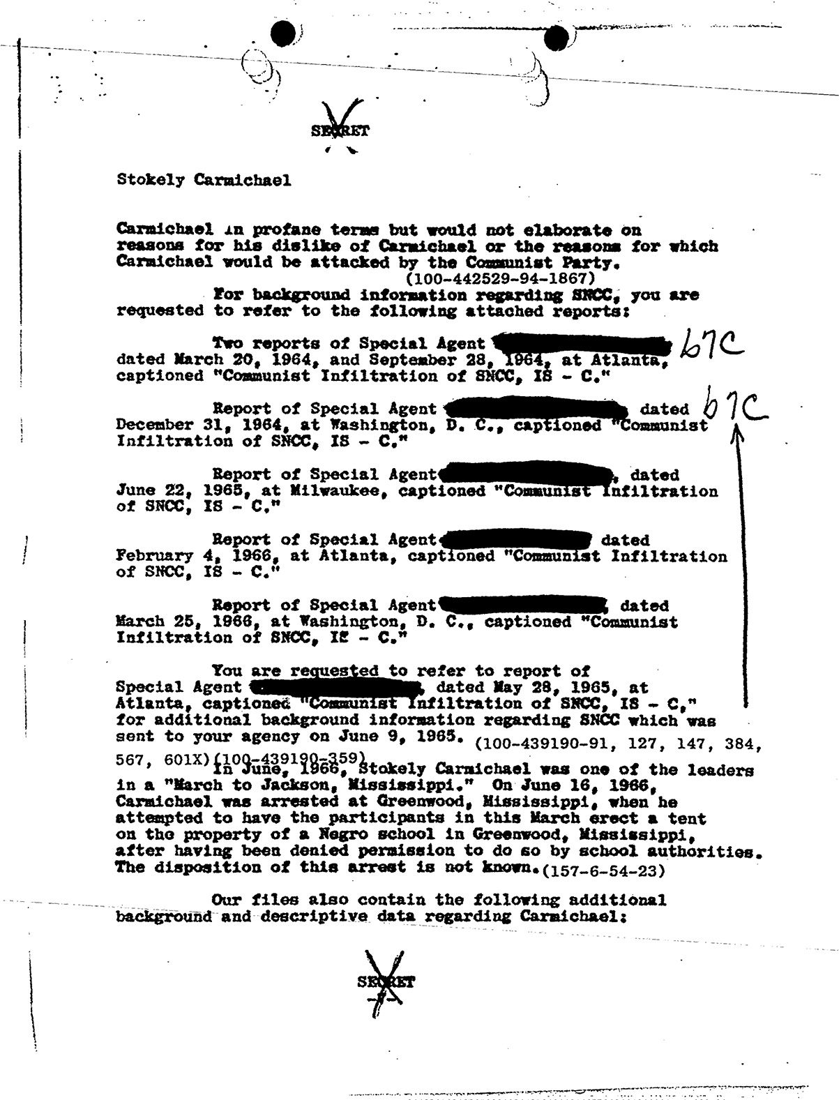 Page from FBI file on Carmichael