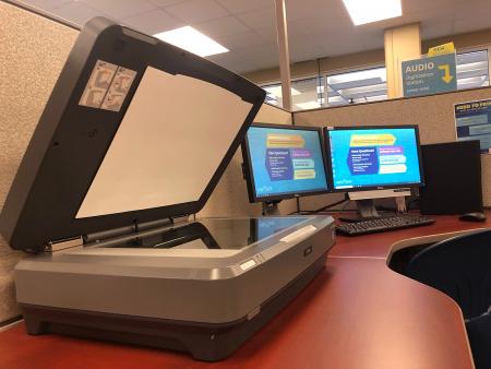 A Windows general multimedia computer station in the SMS with an 11x17" flatbed scanner