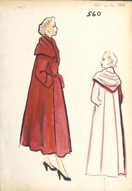 Digitized fashion sketch from the Pauline Trigere collection of a calf-length red coat with hood.