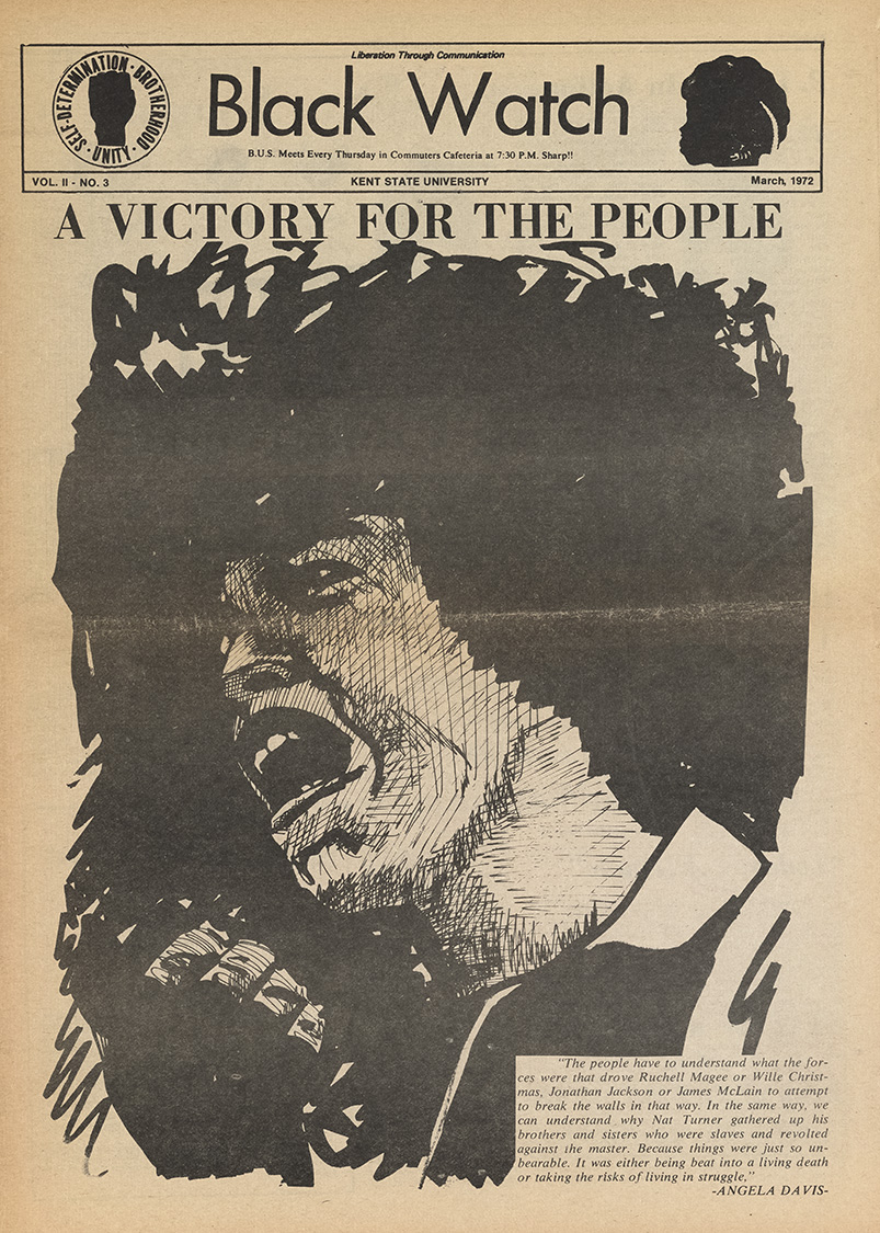 Cover page of the newspaper Black Watch. Includes the headline, "Victory for the People" over an image of Angela Davis.
