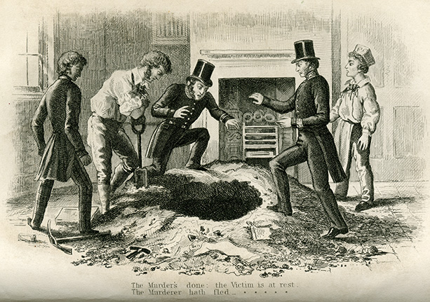 Illustration of people gathered around a hole. Caption: "The Murder's done: the Victim is at rest. The Murderer hath fled."