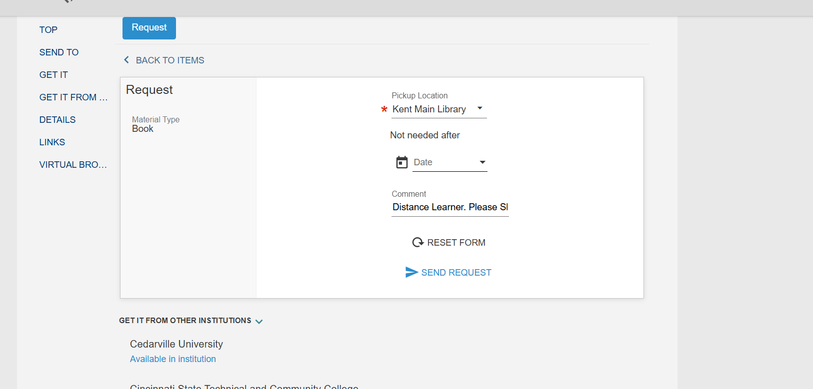 Screenshot of Distance Learner form